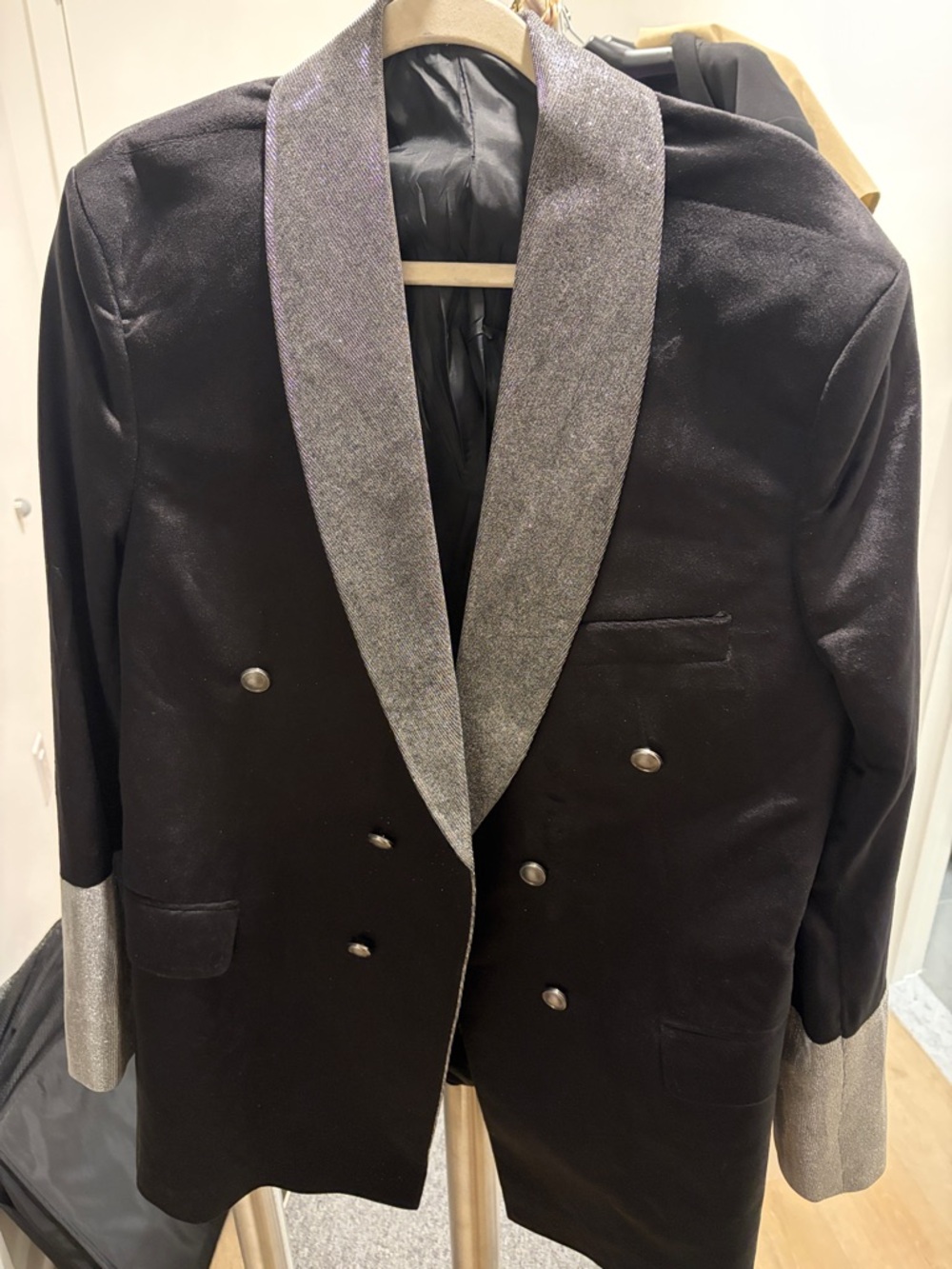 Black Double-Breasted Blazer with Silver Shawl Collar